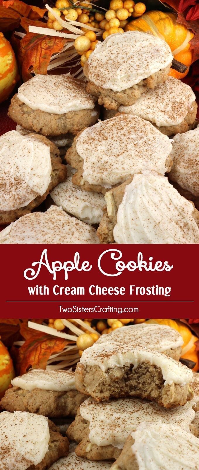 apple cookies with cream cheese frosting are stacked on top of each other and surrounded by fall leaves