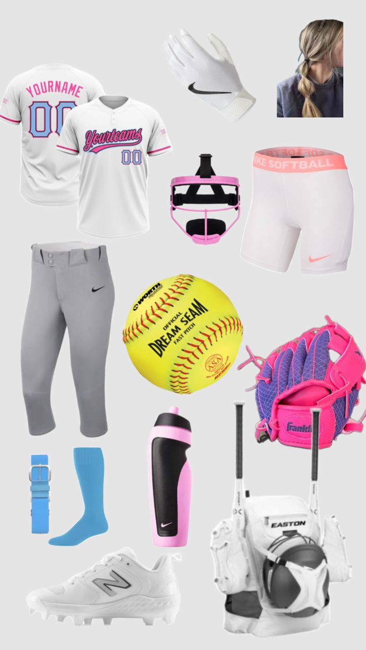 a group of sports gear including baseball gloves, mitts, and softball glove on a gray background