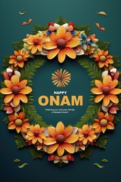 happy onam greeting card with flowers and leaves