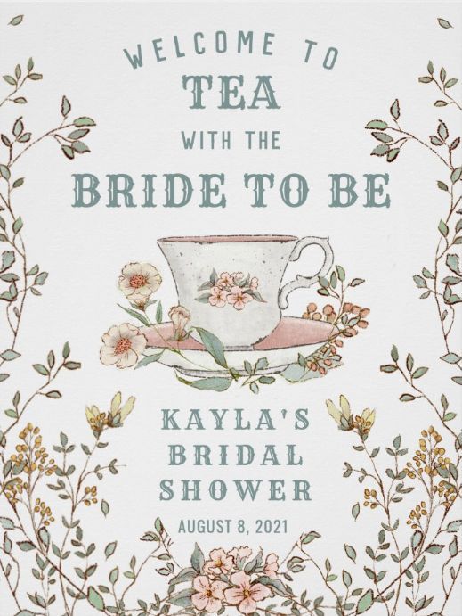 a welcome sign for the bride to be with a tea cup and saucer on it