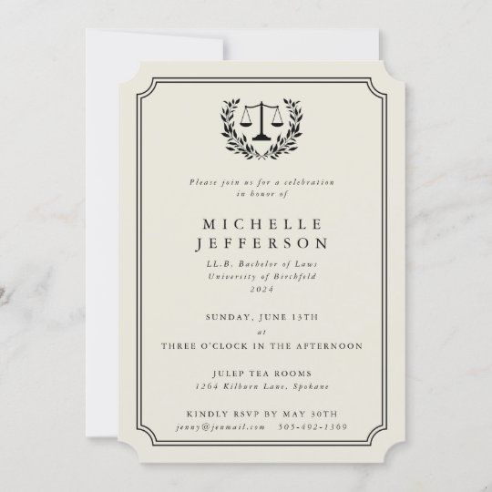 a law themed wedding card with an image of the scales and laurels on it