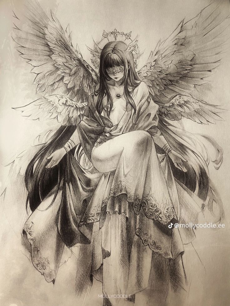 a pencil drawing of an angel sitting on top of a chair with her arms crossed