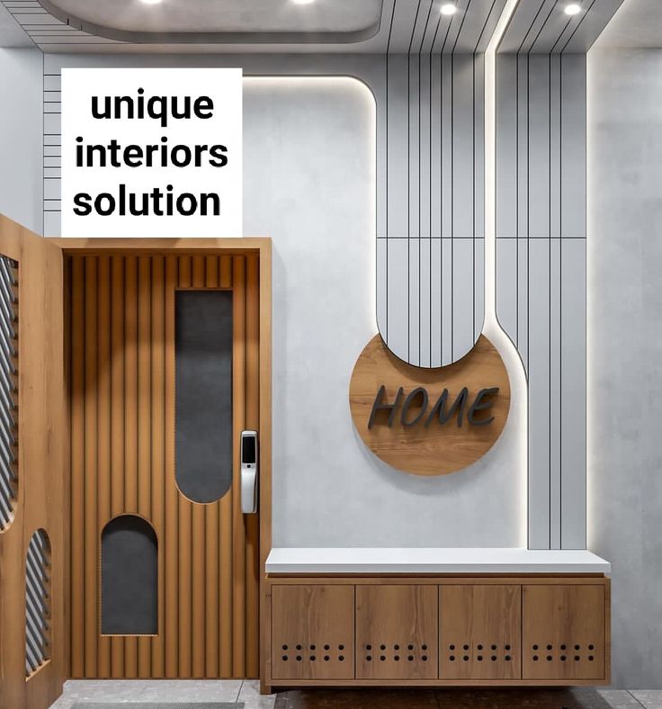 a room with a sign that says unique interiors solution and a bench in front of it