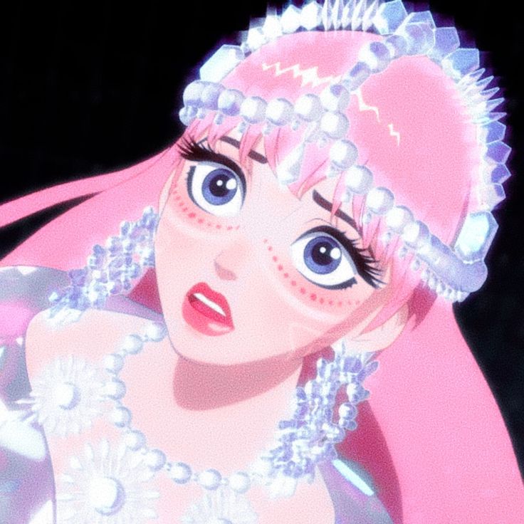 a woman with pink hair and pearls on her head