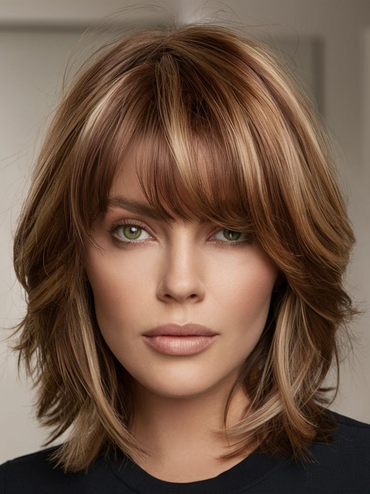 Autumn Color Hair Highlights, Fall Haircut, Fall Haircuts, Warm Highlights, Rambut Brunette, Short Haircuts With Bangs, Haircuts For Medium Length Hair, Haircuts For Women Over 50, Layered Haircuts For Medium Hair