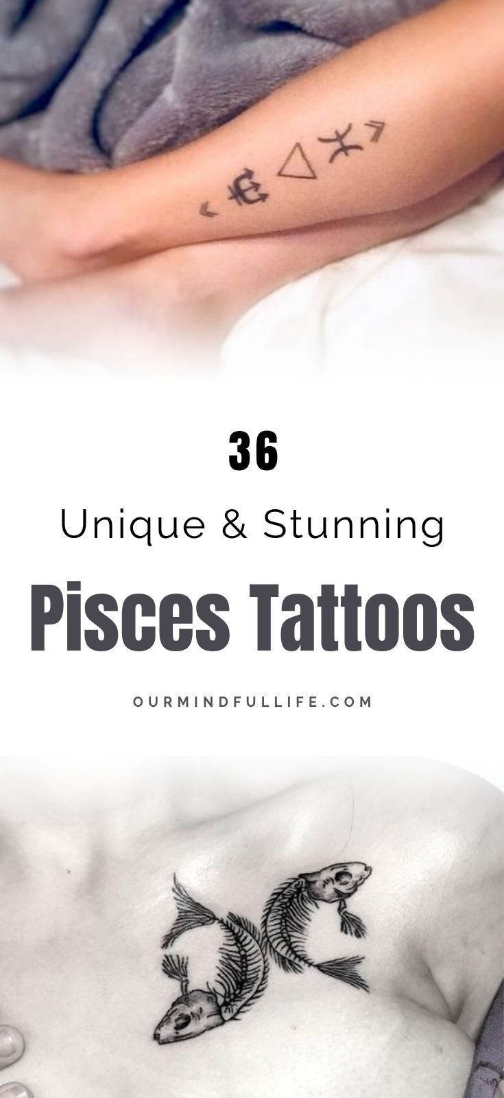 a woman laying in bed with tattoos on her stomach and the words, unique & stunning pisces tattoos