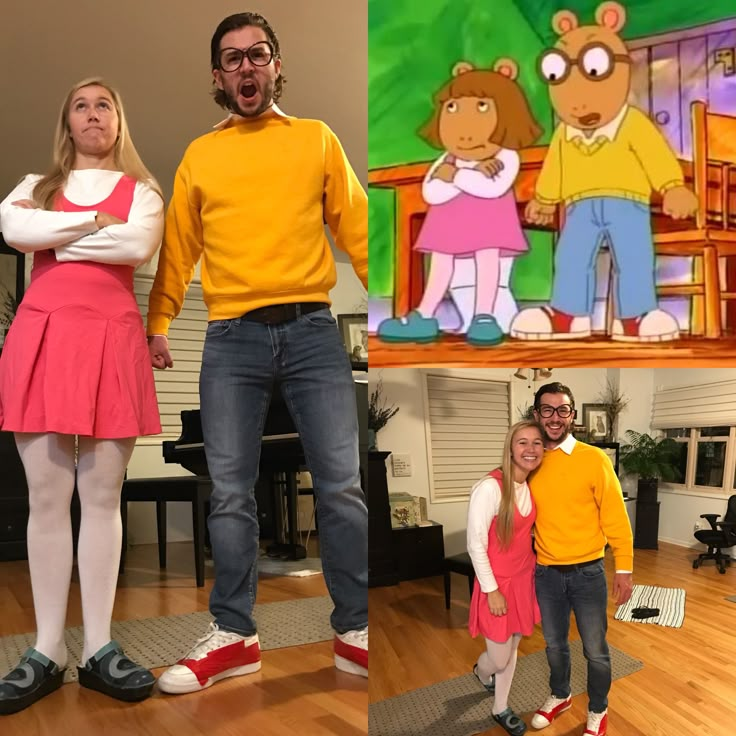 three people are standing in front of a cartoon character on the tv screen with their arms crossed