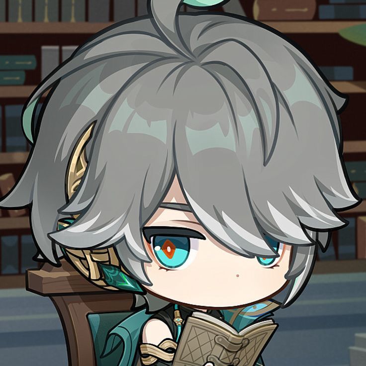 an anime character with grey hair and blue eyes holding a book in front of bookshelves