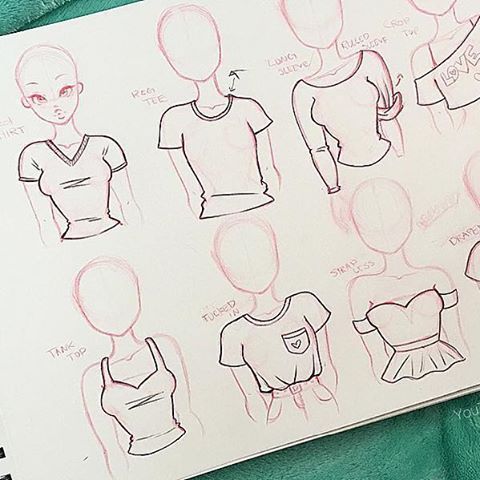 the drawing shows how to draw clothes for women in different styles and sizes, including t - shirts