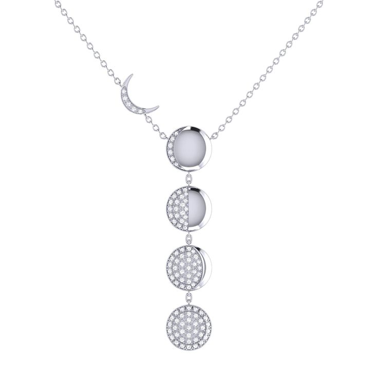 "Carry the moon along with you at every phase with our simply stunning Moon Transformation Necklace. Crafted in 14K White Gold, this necklace features 100% natural, genuine diamonds. 0.25 carats of diamonds are used in an individual plate prong setting. This necklace is 18\" long and uses a cable chain with lobster clasp. The moon motifs range from 7.5 mm to 8 mm in length. This necklace is beautifully presented with the inspirational poem 'Dreamer' written by the LMJ founder & CEO." Silver Cleaning, Silver Diamond Necklace, Store Jewelry, Silver Prices, Watch Necklace, Silver Diamonds, Cable Chain, Gold Vermeil, Prong Setting