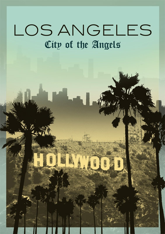 the hollywood skyline with palm trees and buildings in the background, as well as an image of