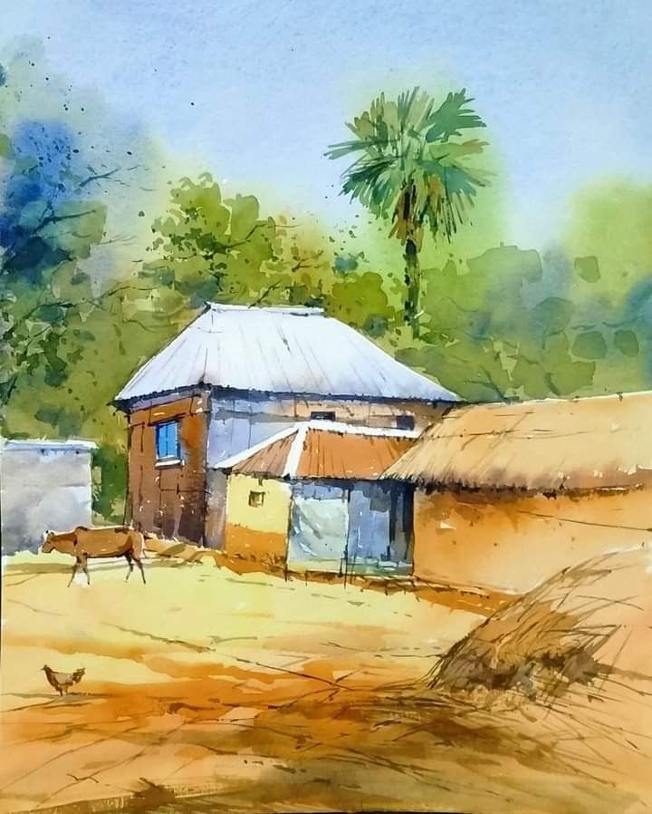 a watercolor painting of a house with a cow in the yard