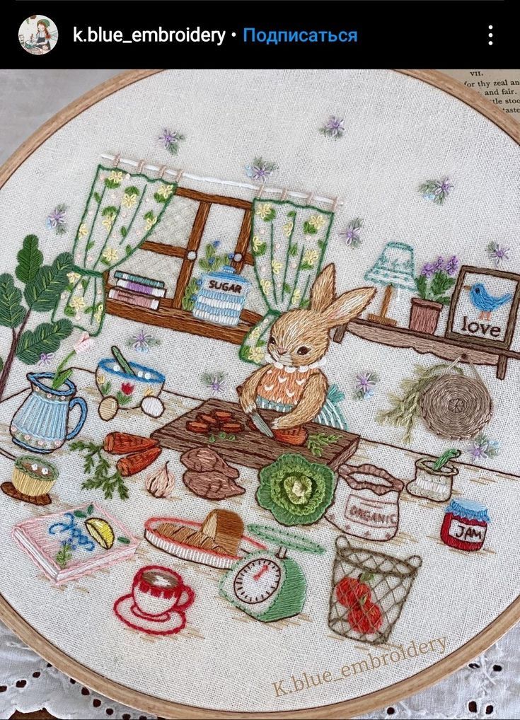 a cross stitch pattern with a bunny in the kitchen surrounded by teacups and other items