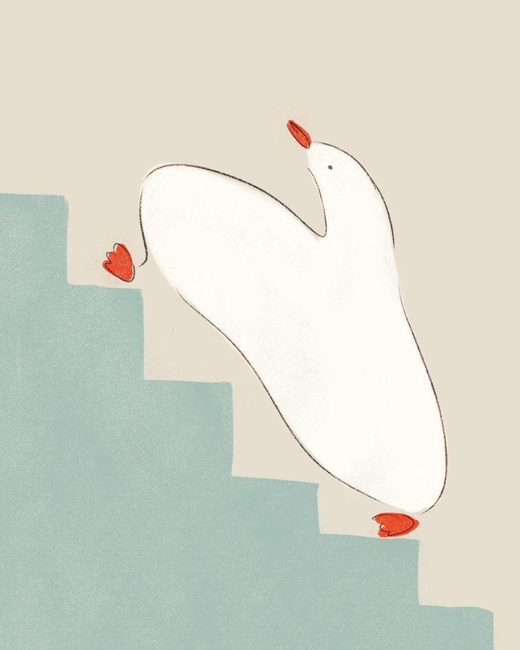 a white bird with red feet walking up the stairs to another person's head