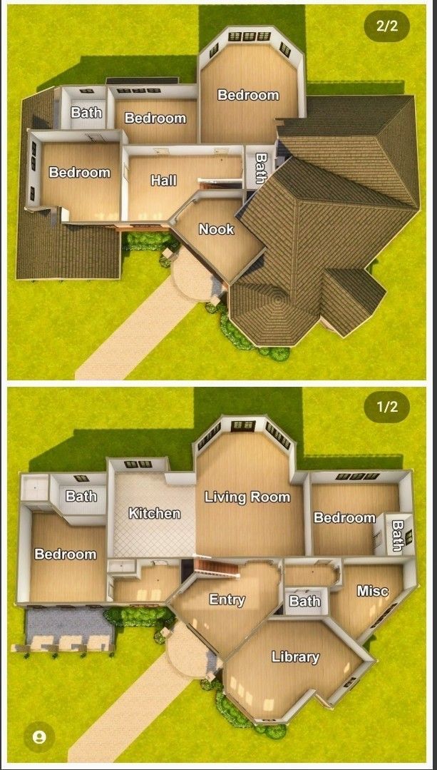 two different views of a house from above, with the floor plan and measurements below