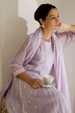 Lavender pleated kurta featuring floral thread embroidery on the side panelled. Paired with a embroidered hem pant, a lace trim hem dupatta and an inner. - Aza Fashions Purple Chikankari Embroidered Dupatta For Spring, Purple Chikankari Embroidered Sets For Summer, Purple Chikankari Embroidery Sets For Summer, Summer Purple Sets With Chikankari Embroidery, Elegant Purple Dupatta For Spring, Purple Spring Festival Dupatta, Spring Festive Purple Dupatta, Purple Spring Festive Dupatta, Spring Wedding Purple Kurta