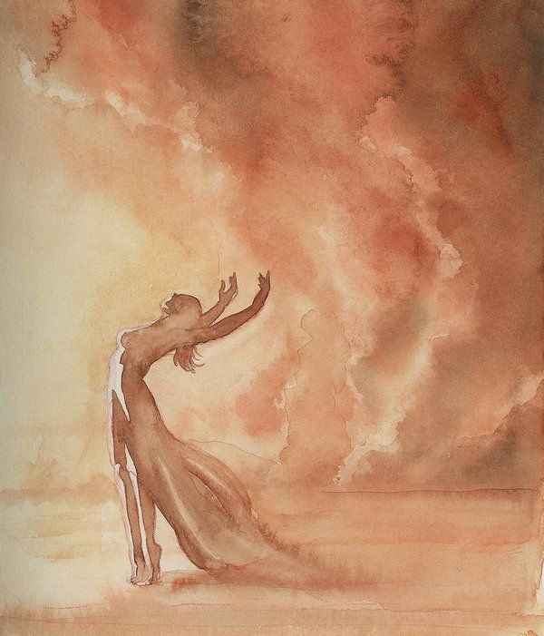 a drawing of a woman reaching up into the sky