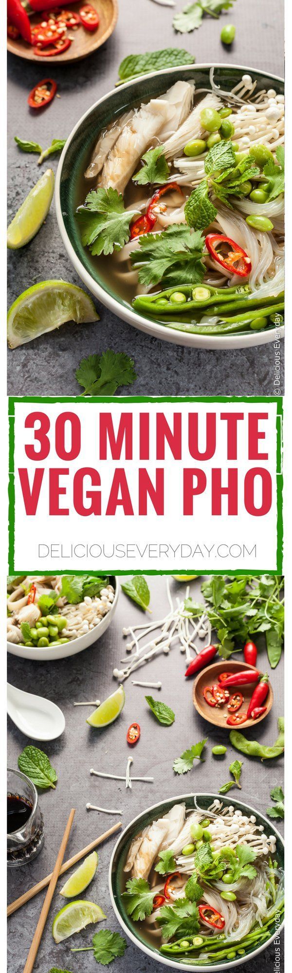 the cover of 30 minute vegan pho is shown with vegetables and other ingredients