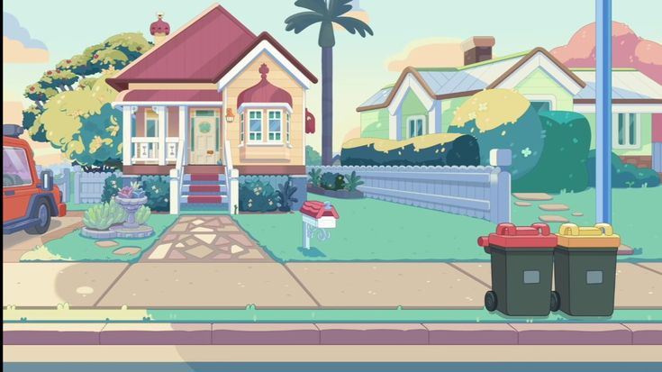 a cartoon house with two trash cans in front of it