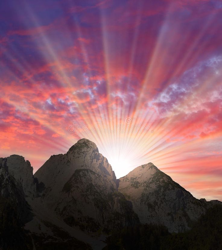 the sun is setting over some mountains with clouds in the sky royalty illustration stock images