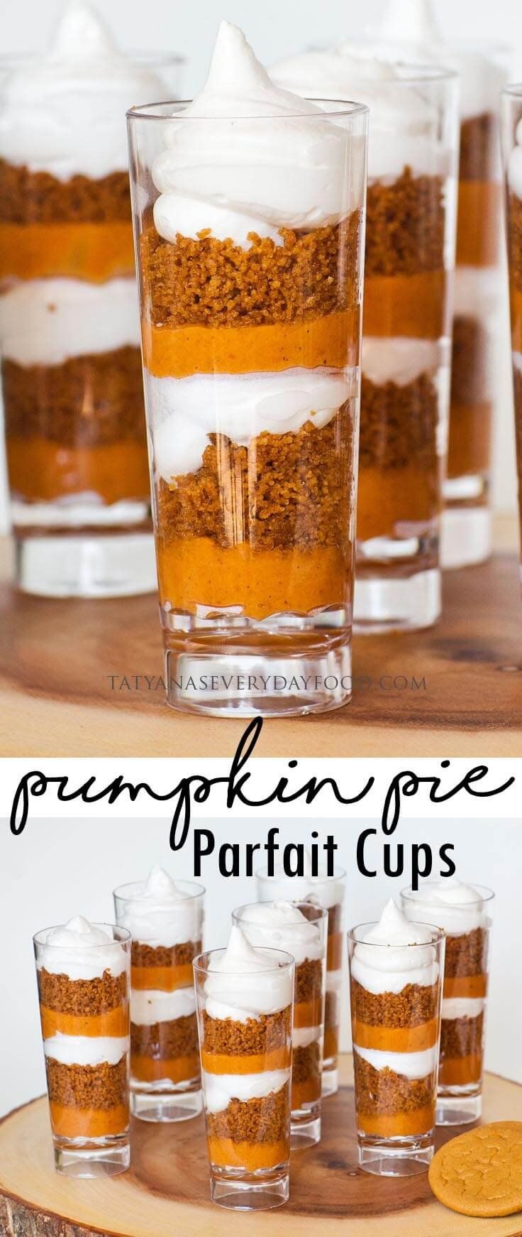 pumpkin pie shooters with whipped cream on top and cookies in the bottom for garnish