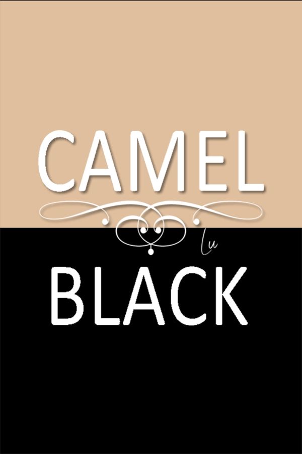 the words camell and black are shown in white letters on a beige, black and tan background