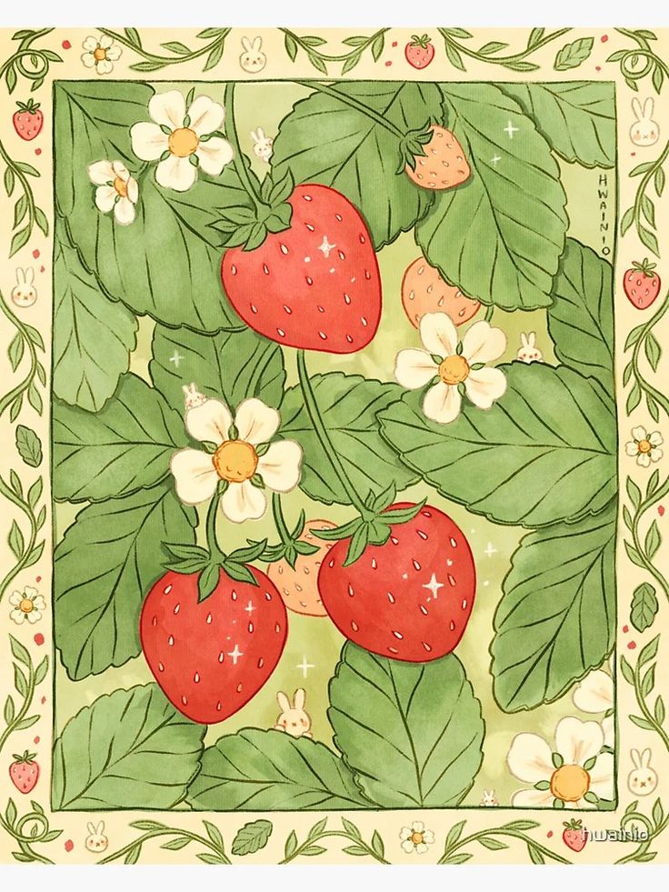 a painting of strawberries and flowers on a green background