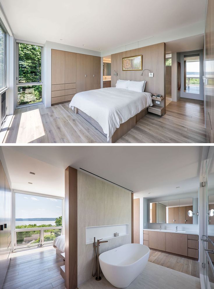 two pictures of a bedroom with wood floors and large windows