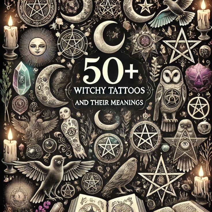 the book cover for 50 + witch tattoos and their meaningss, with an image of owls