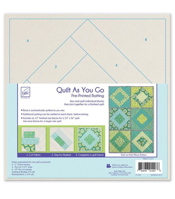 the quilt as you go pattern is shown in blue and green, with four different designs