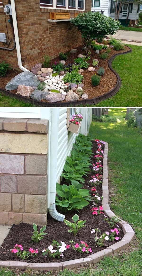 before and after pictures of landscaping in front of a brick house with flowers growing on the side