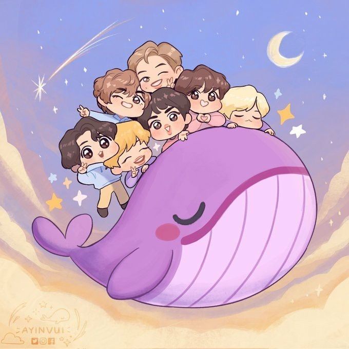 a group of people riding on the back of a purple whale under a sky with stars