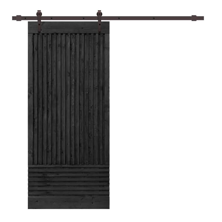 an open sliding door with wooden slats and metal bars on the bottom, against a white background