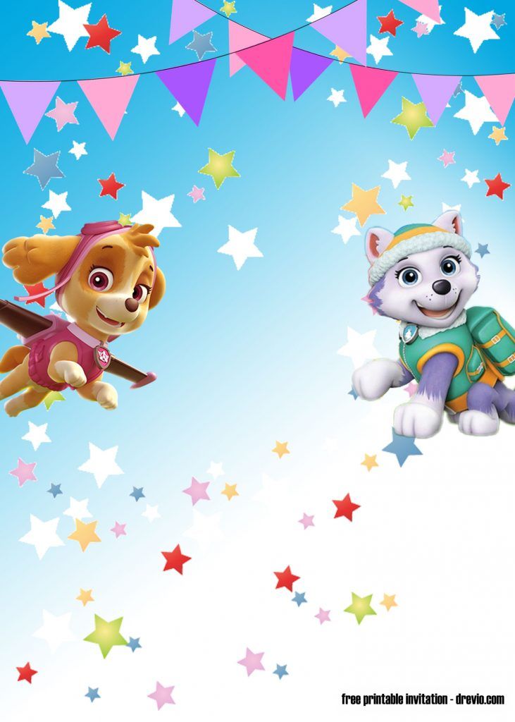 two stuffed animals are flying in the sky with stars on either side and one is wearing a shirt that says paw patrol