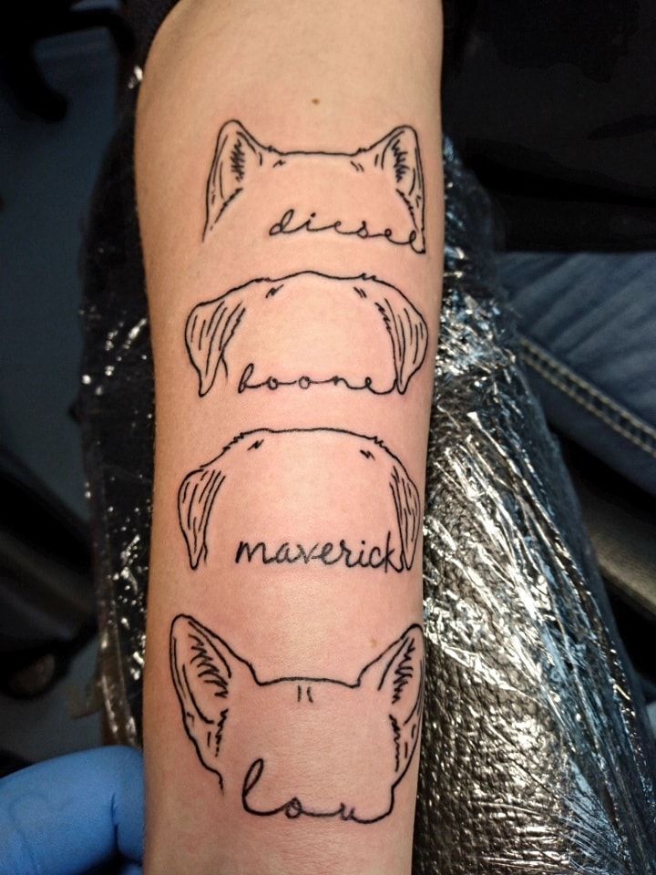 a person with a tattoo on their arm that has three cats and one dog's names