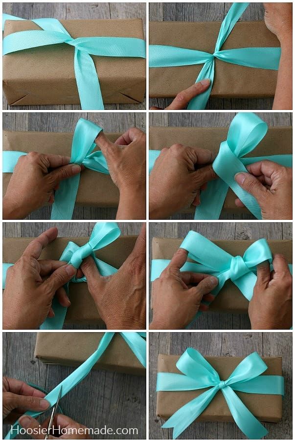 step by step instructions on how to wrap a gift box with ribbon and bow tie