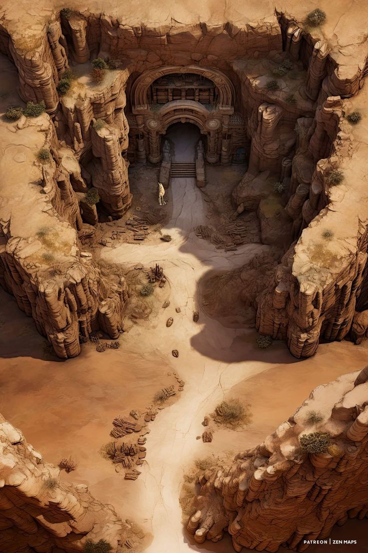 an aerial view of a cave entrance in the desert