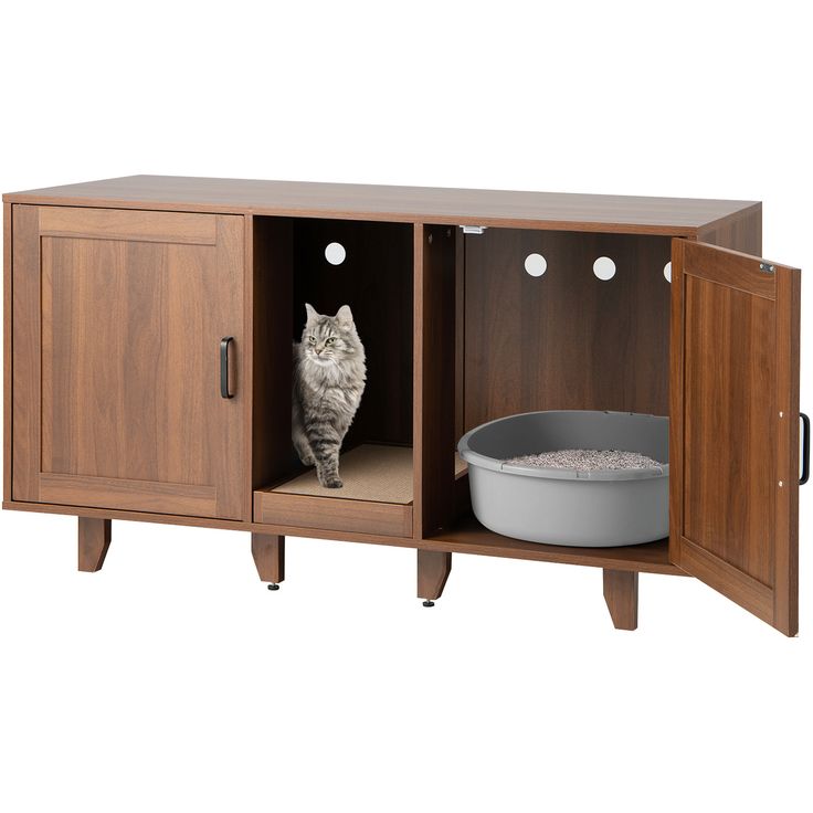 a cat sitting on top of a wooden cabinet next to a bowl and food dish