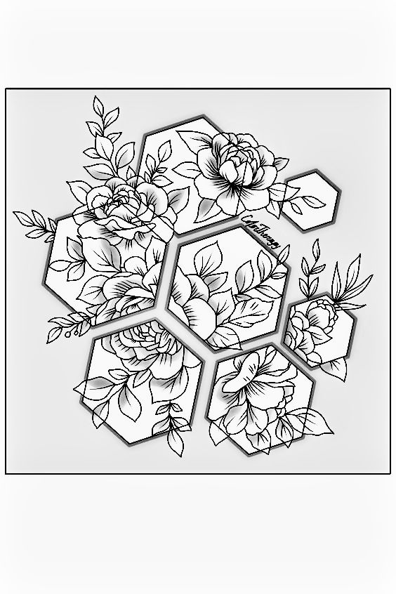 a drawing of flowers and hexagons on a white background