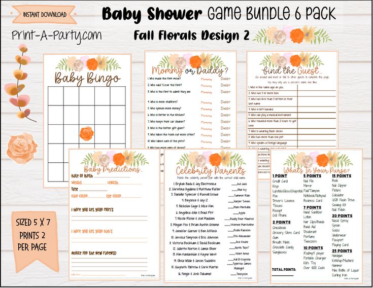 the baby shower game bundle is shown in orange and pink flowers, with matching items for each