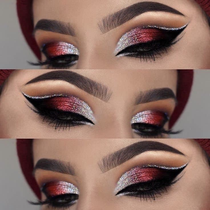 Red Black And Silver Makeup, Weirdo Palette Looks, Lisa Makeup, Makeup Ideas Aesthetic, Black And Red Makeup, Makeup Aesthetic Ideas, Makeup Products Aesthetic, Makeup Bag Aesthetic, Black Makeup Looks