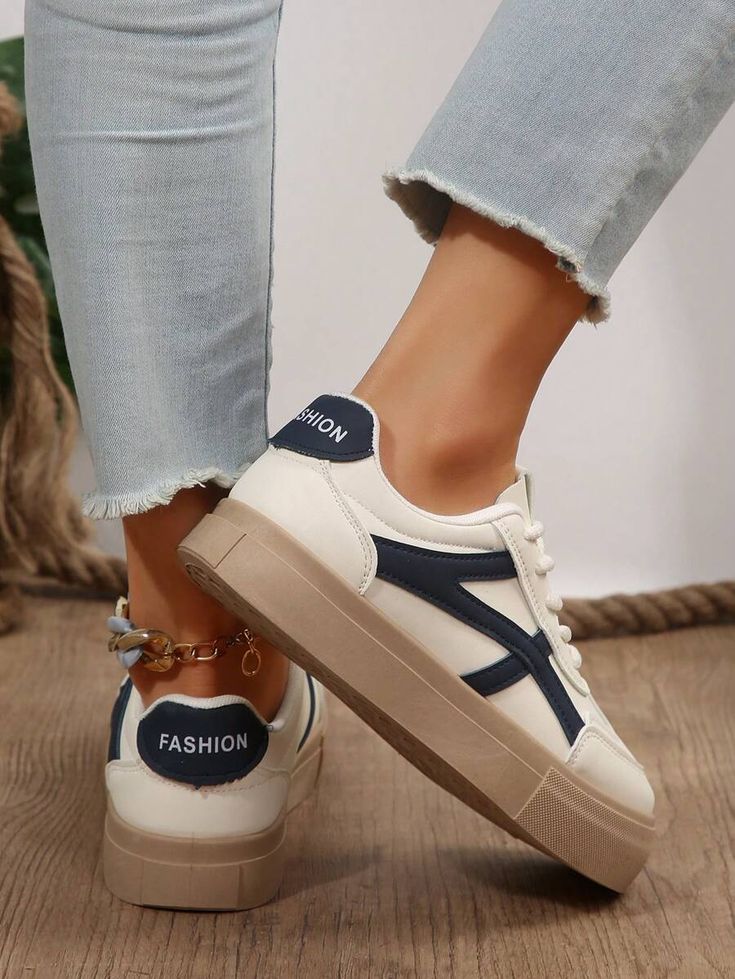 Color:Blue and White \nMaterial:PU Leather \nOutsole Material:Rubber \nUpper Material:PU Leather \nActivity:Daily & Casual \n Color Matching Design, Casual Athletic Shoes, Matching Design, Casual Athletic, Flat Sneakers, Stylish Women, Color Matching, White Color, Casual Women