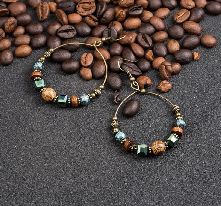 Bohemian earrings, round 4cm x 6.5cm, 7 grams Wooden Bead Earrings, Wood Hoop Earrings, Autumn Jewelry, Twisted Tree, Dangle Hoop Earrings, Wood Jewelry, Miyuki Beads, Ear Rings, Large Hoop Earrings