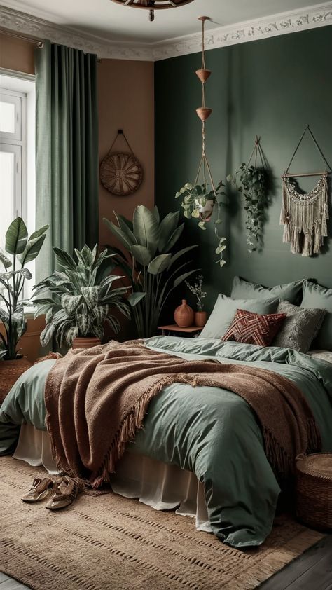 a bedroom with green walls and lots of plants in the corner, including potted plants