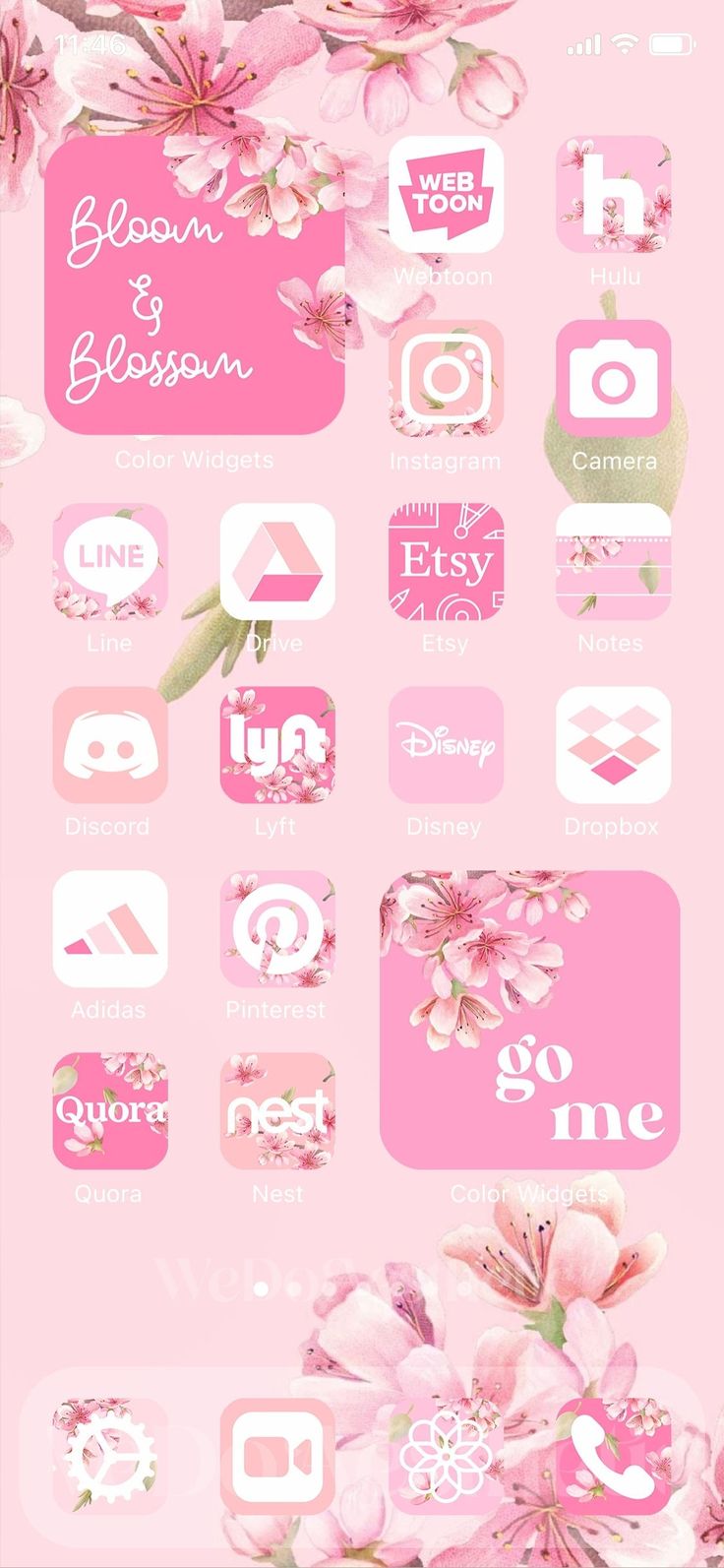 the pink flower theme is shown on this phone screen, and it's all different colors