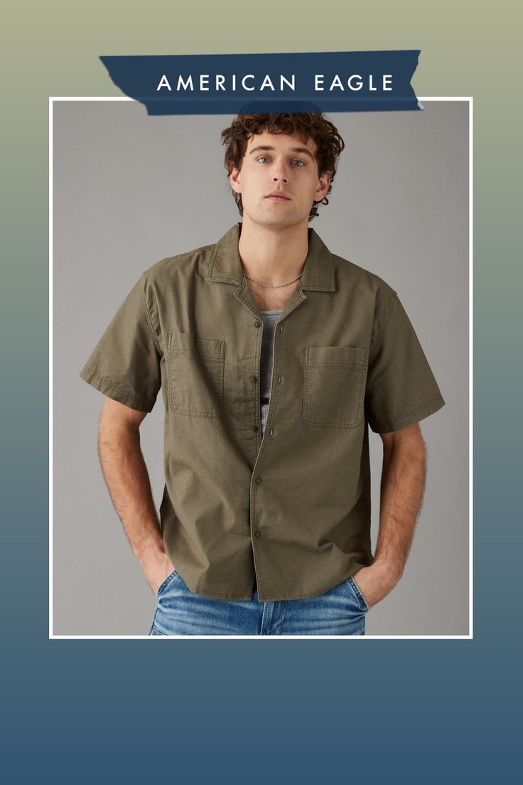 Oxford cotton with a hint of stretch/A relaxed, open camp collar designed to lay flat/Full button-up front/Two chest pockets/This shirt is Real Good: made with the planet in mind Casual Button-up Camp Shirt With Pockets, Relaxed Fit Khaki Short Sleeve Shirt With Pockets, Khaki Short Sleeve Shirt With Pockets In Relaxed Fit, Khaki Relaxed Fit Utility Shirt, Relaxed Fit Short Sleeve Button-up Shirt With Patch Pockets, Cotton Utility Shirt With Camp Collar, Khaki Collared Camp Shirt With Pockets, Khaki Camp Shirt With Relaxed Fit And Pockets, Relaxed Fit Khaki Camp Shirt With Pockets