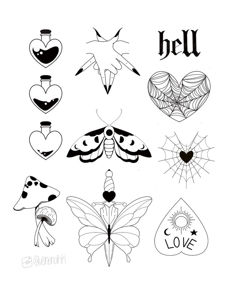 the different types of tattoos are shown in black and white, including hearts, moths, spider