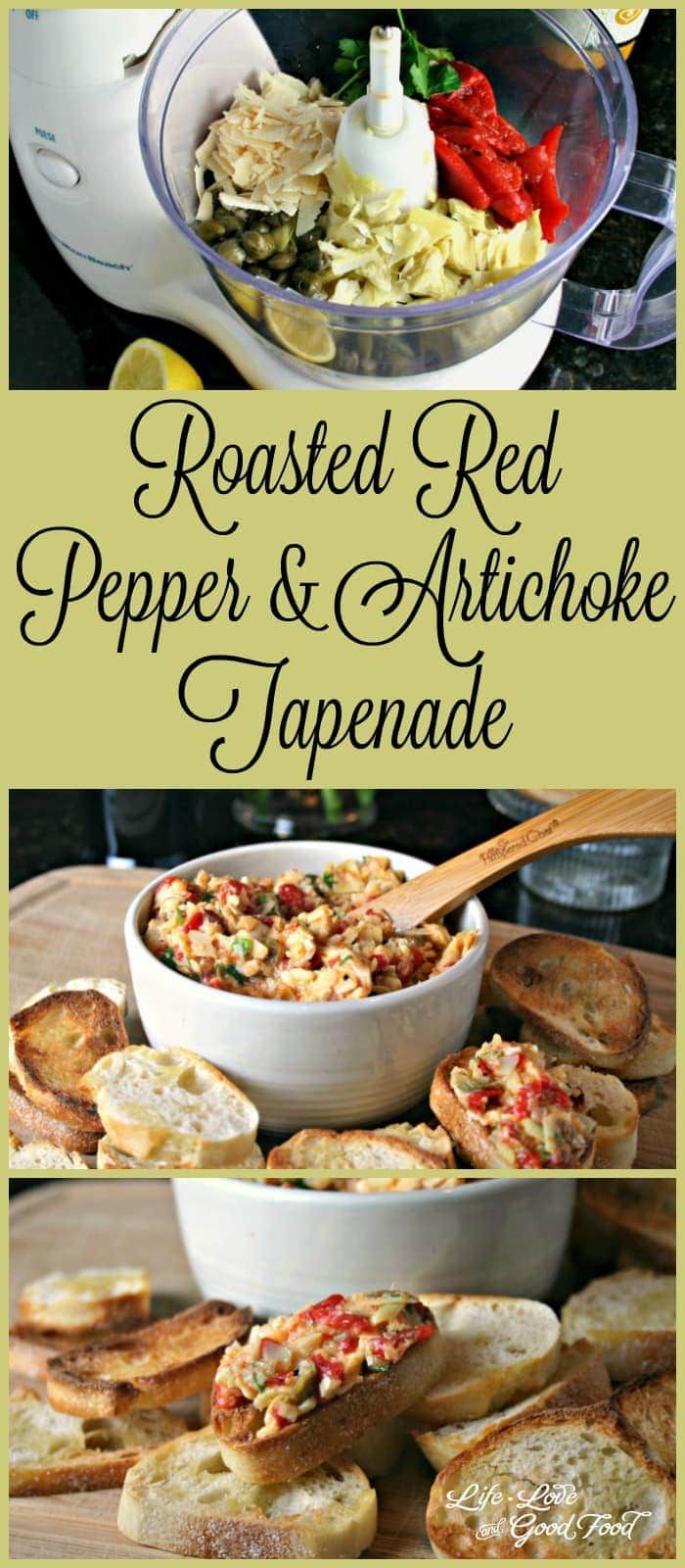 roasted red pepper and artichoke in a white bowl with bread on the side