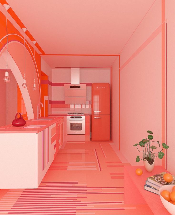 an orange and pink kitchen is shown in this image