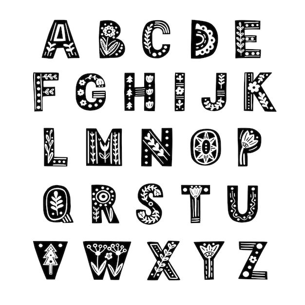 the alphabet is made up of black and white letters with floral designs on them, all in